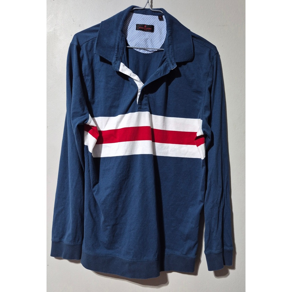 Pierre Cardin Mens XL Rugby Shirt Long Sleeve Mercerized Cotton Navy Blue Stripe